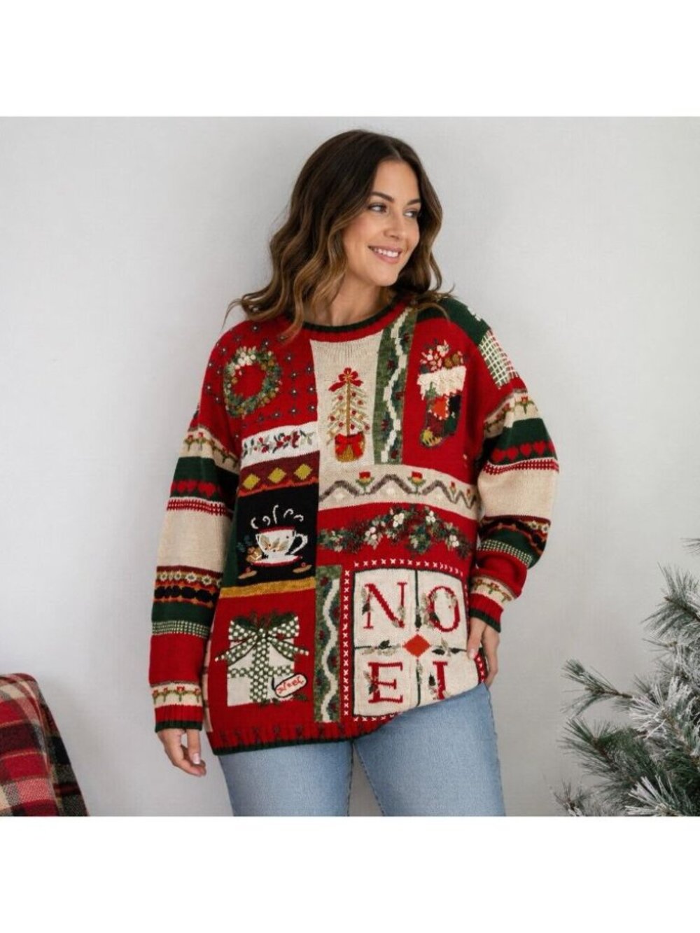 Vintage NutCracker Noel Christmas Sweater Women’s Medium Patchwork Ramie Cotton